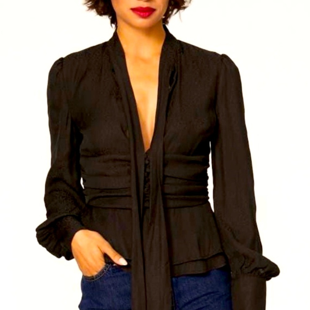 BARDOT Black Satin Long Sleeve Blouse with optional tie.